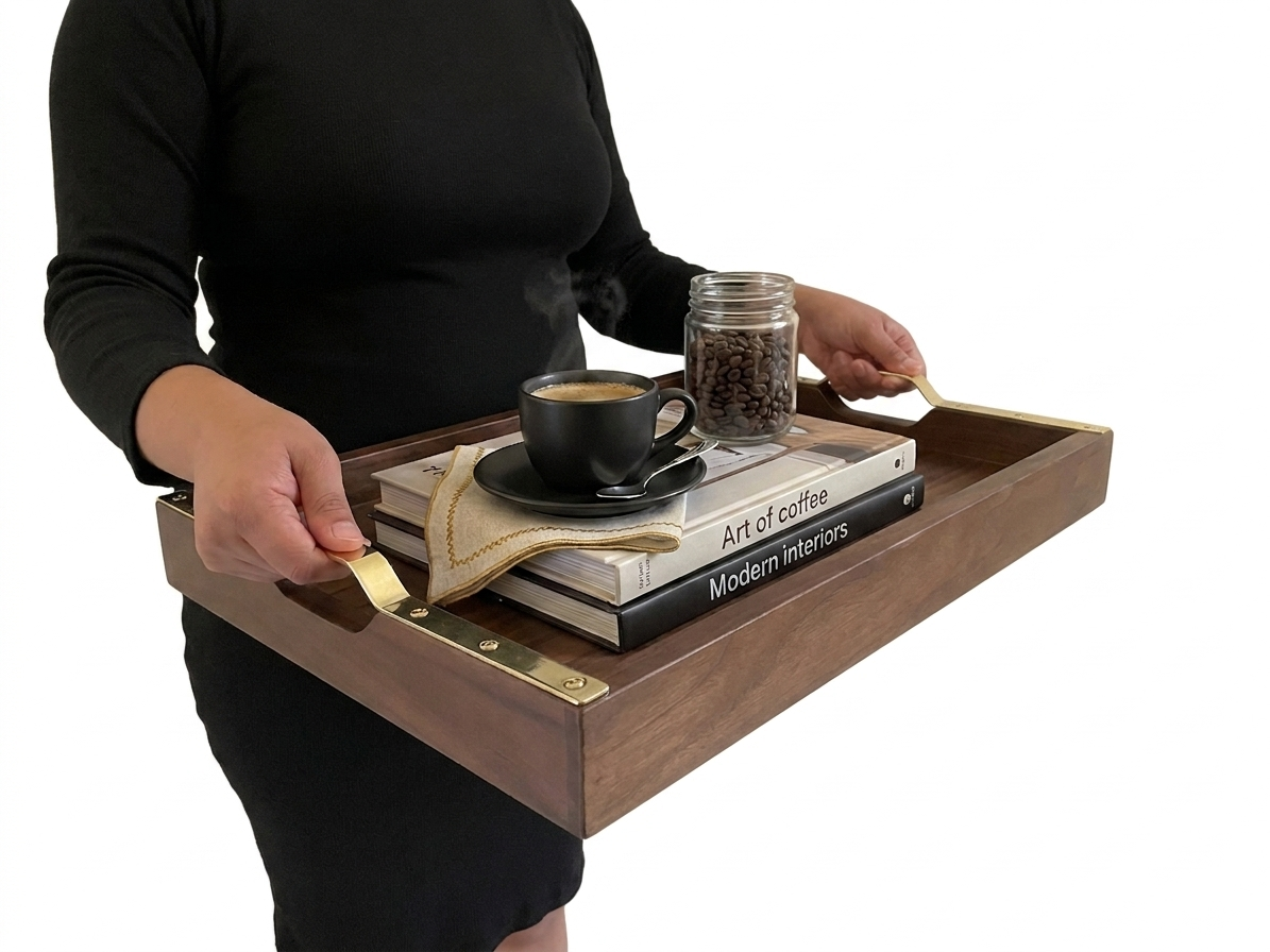 Brass Handle Large Serving Tray, Table Top, Wooden Tray for Ottoman