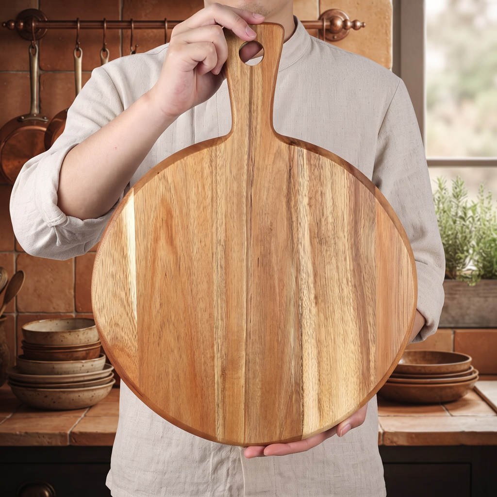 Handcrafted Round Acacia Wood Chopping & Serving Board with Handle