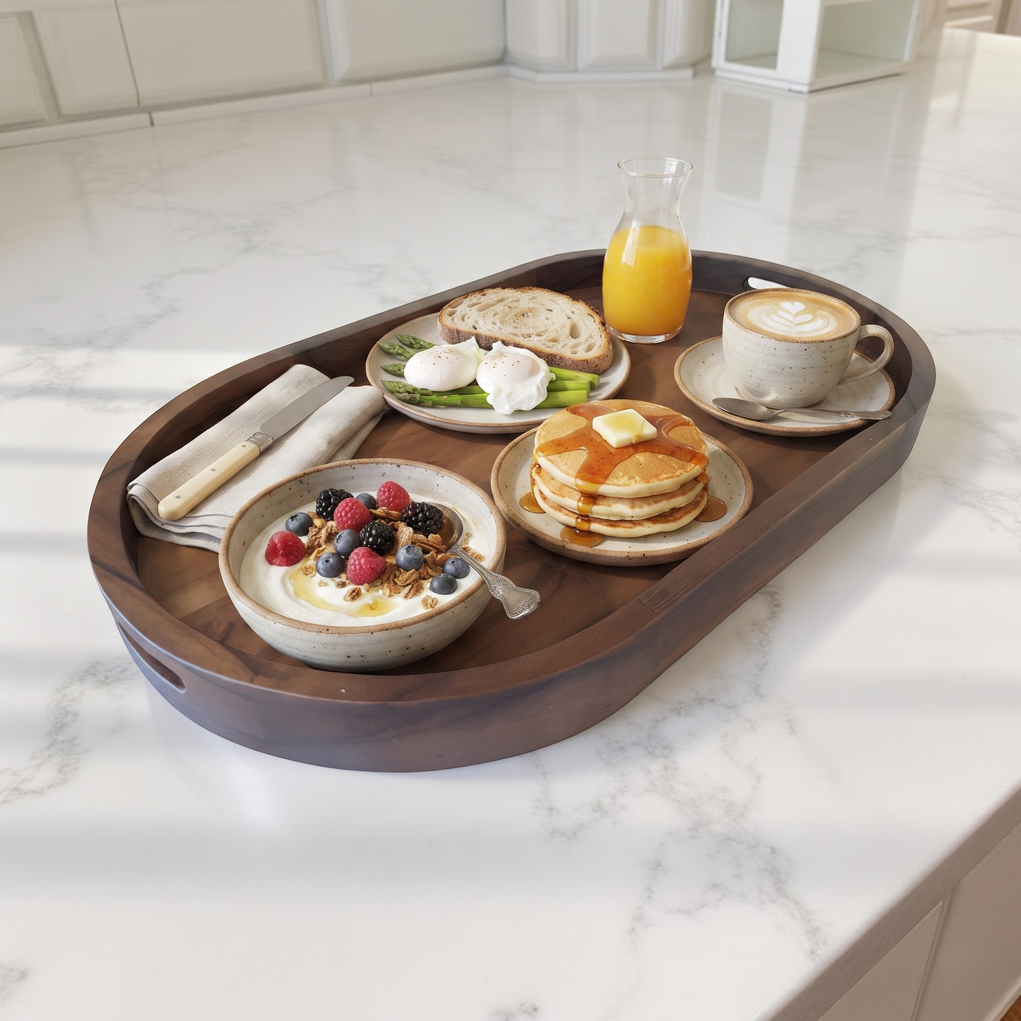 Ottoman tray Drink tray, Serving tray, Wood tray with handles, Oval wood tray, Sofa wooden tray