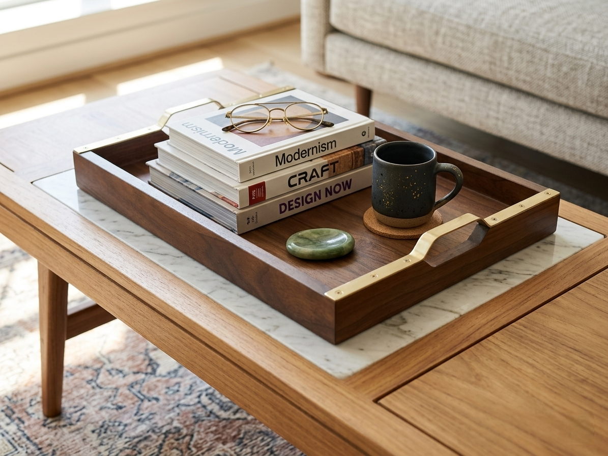 Brass Handle Large Serving Tray, Table Top, Wooden Tray for Ottoman