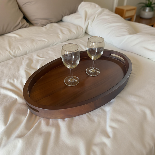 Ottoman tray Drink tray, Serving tray, Wood tray with handles, Oval wood tray, Sofa wooden tray