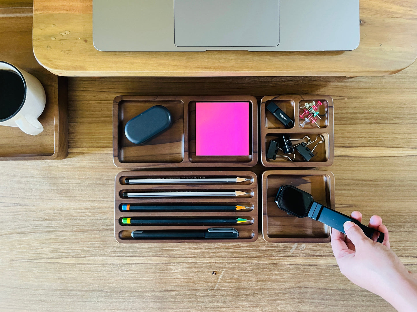 Handmade Wood Desk Organizer Set: Minimalist Office Storage