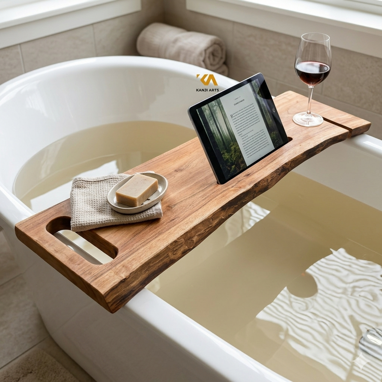 Live Edge Acacia Wood Bathtub Caddy: Modern Bath Tray, Bathtub Board, Bath Shelf Cozy Spa Sessions Wooden gift for Her Spa Bathroom Bathtub