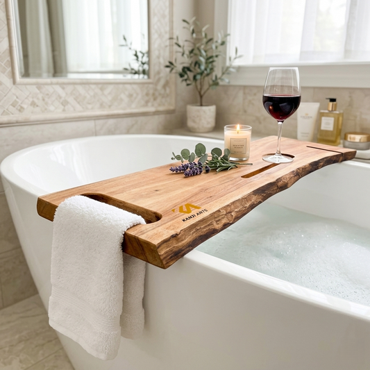 Live Edge Acacia Wood Bathtub Caddy: Modern Bath Tray, Bathtub Board, Bath Shelf Cozy Spa Sessions Wooden gift for Her Spa Bathroom Bathtub