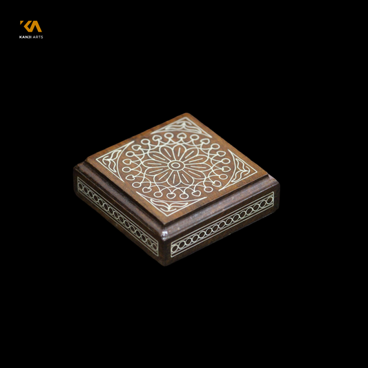 Wood Paperweight, Fine Silver Floral Inlay, Desk Accessory